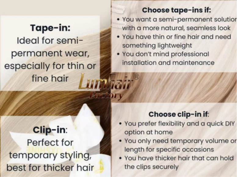 Tape in vs Clip in Hair Extensions vs Hand Tied Weft